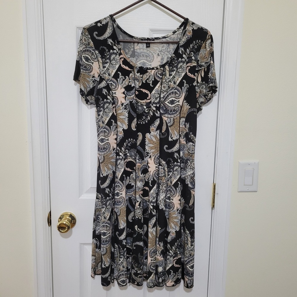 Sami & Jo Petite Dress PL Black Tan Paisley Knit Scoop Neck Short Sleeve Stretch